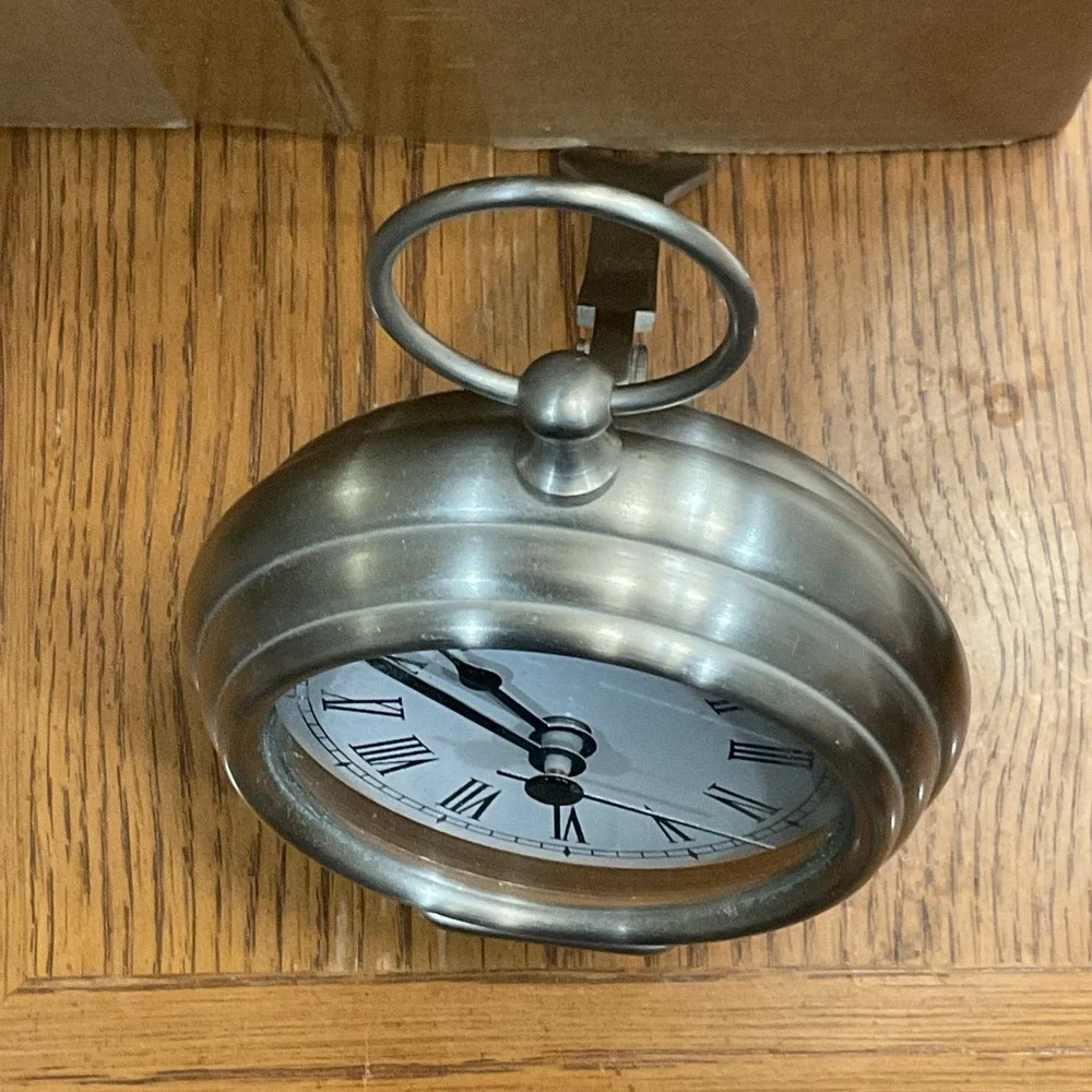 Pottery Barn Pocket Watch Clock with Easel Nickel Finish Round Working